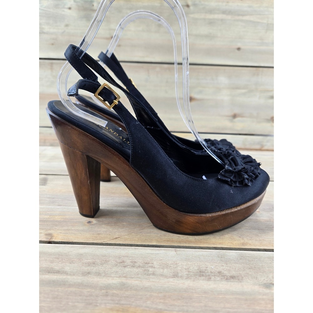 Loeffler Randall Claudia Black Satin Pleated Ruffle Wood Platform Heels Size 8 B